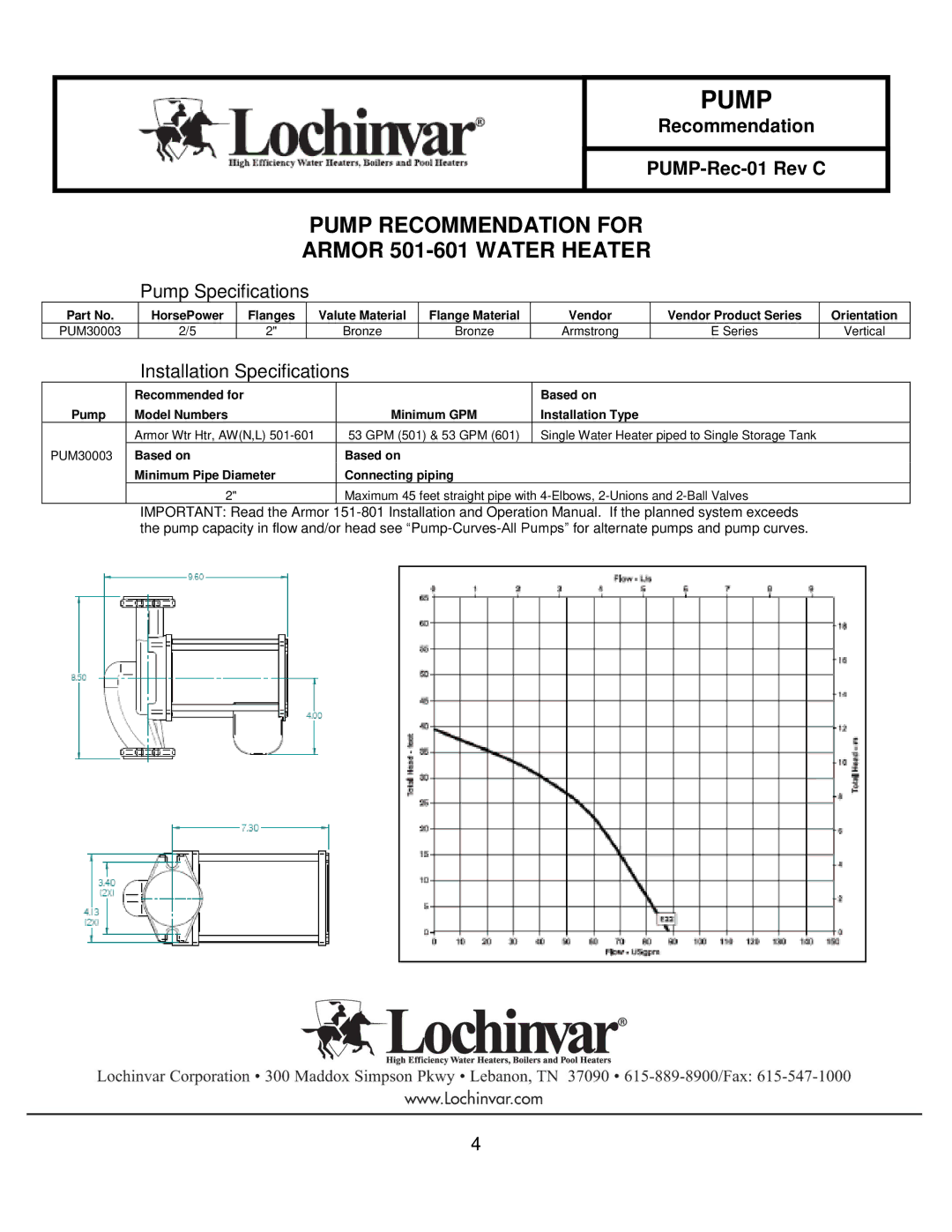 Lochinvar 151-200 specifications Pump Recommendation for Armor 501-601 Water Heater 