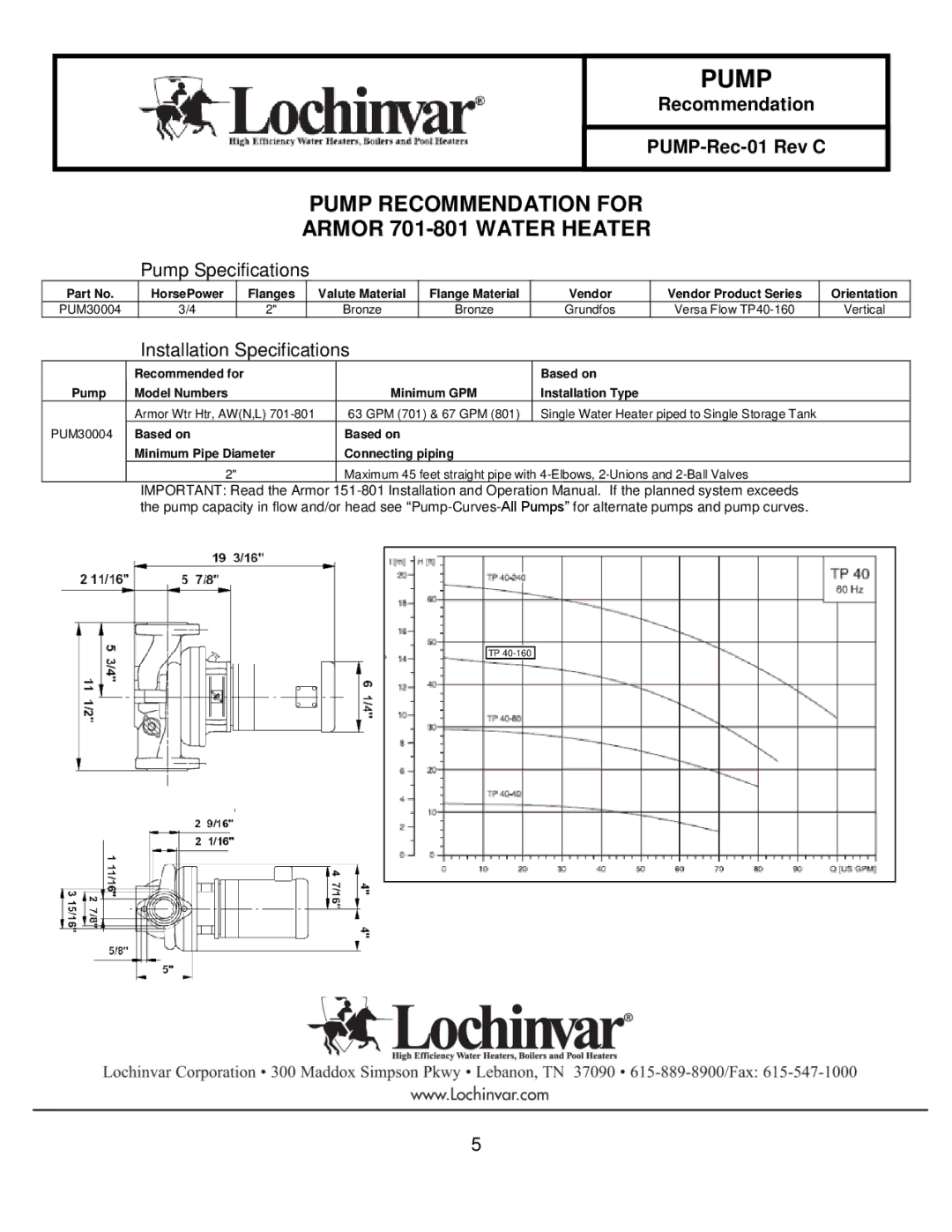 Lochinvar 151-200 specifications Pump Recommendation for Armor 701-801 Water Heater 