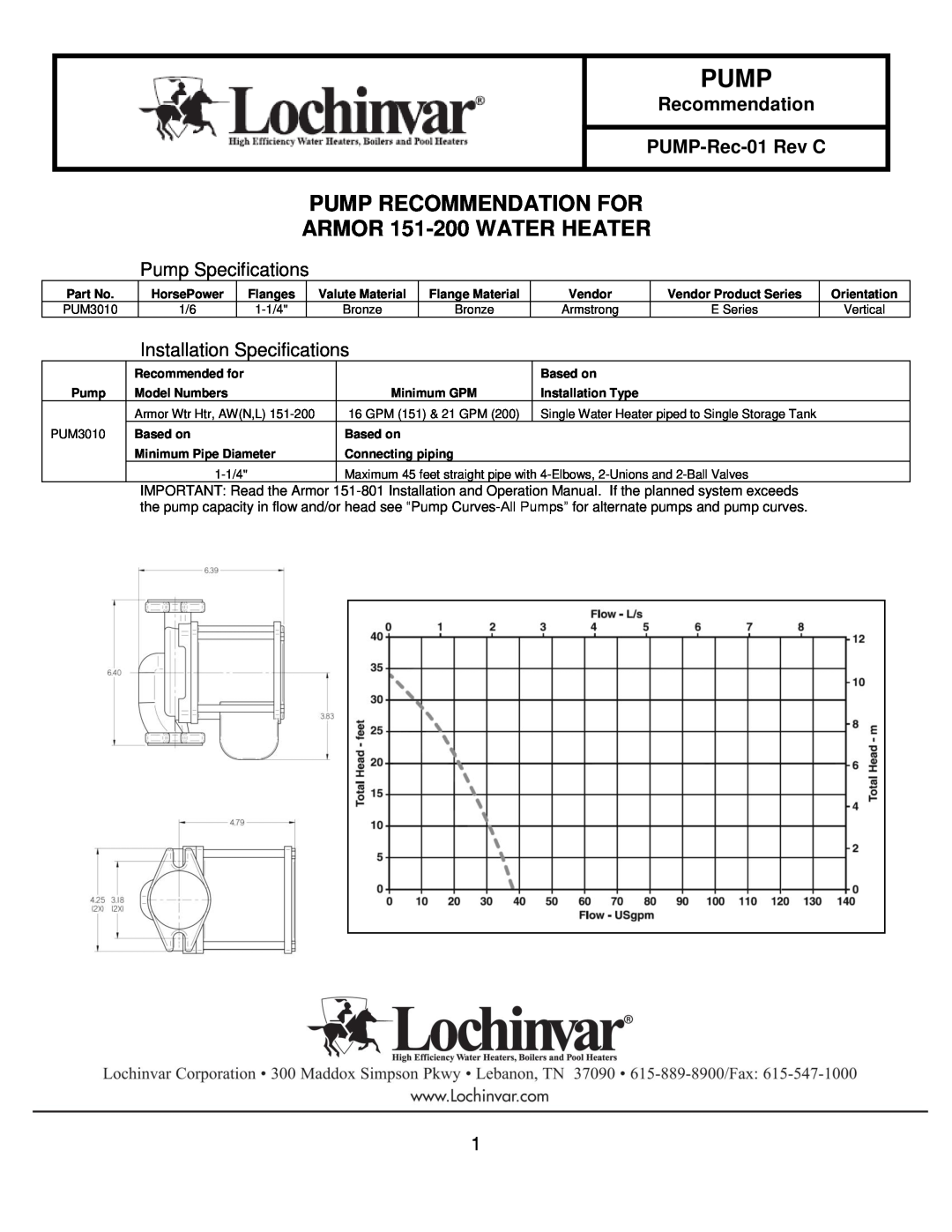 Lochinvar specifications Pump Recommendation For, ARMOR 151-200WATER HEATER, Pump Specifications, PUMP-Rec-01Rev C 