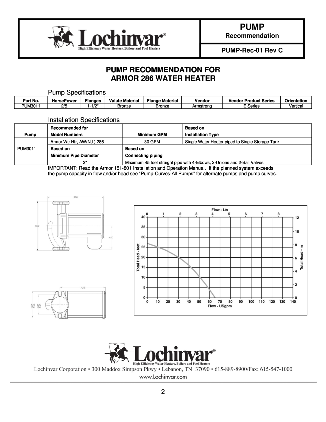 Lochinvar 151-200 ARMOR 286 WATER HEATER, Recommended for, Pump Recommendation For, Pump Specifications, Based on 