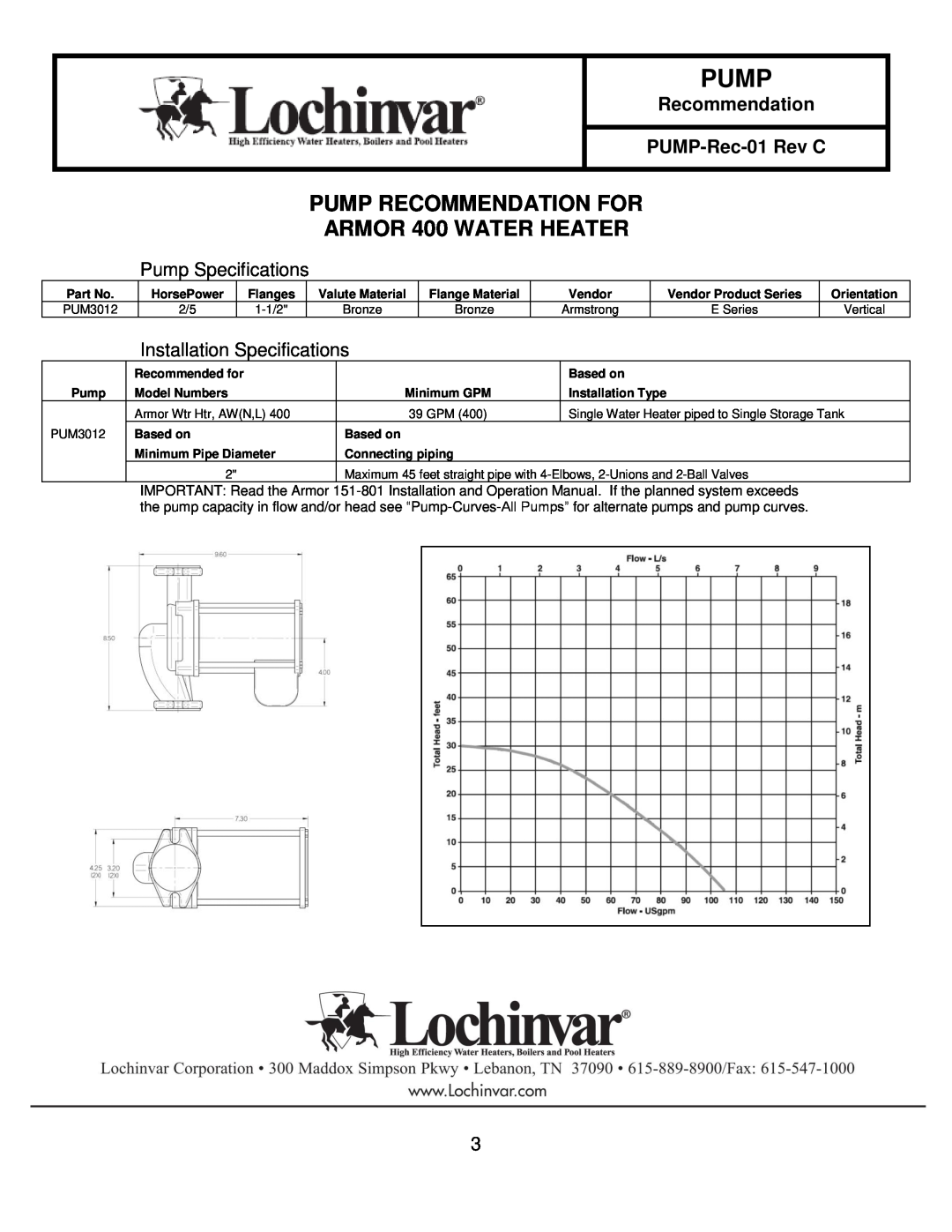 Lochinvar 151-200 ARMOR 400 WATER HEATER, Vendor, Pump Recommendation For, Pump Specifications, PUMP-Rec-01Rev C 
