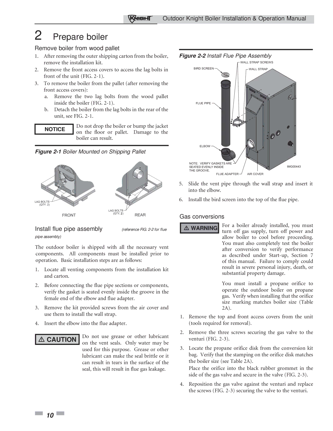 Lochinvar 151-286 operation manual Prepare boiler, Remove boiler from wood pallet, Gas conversions 