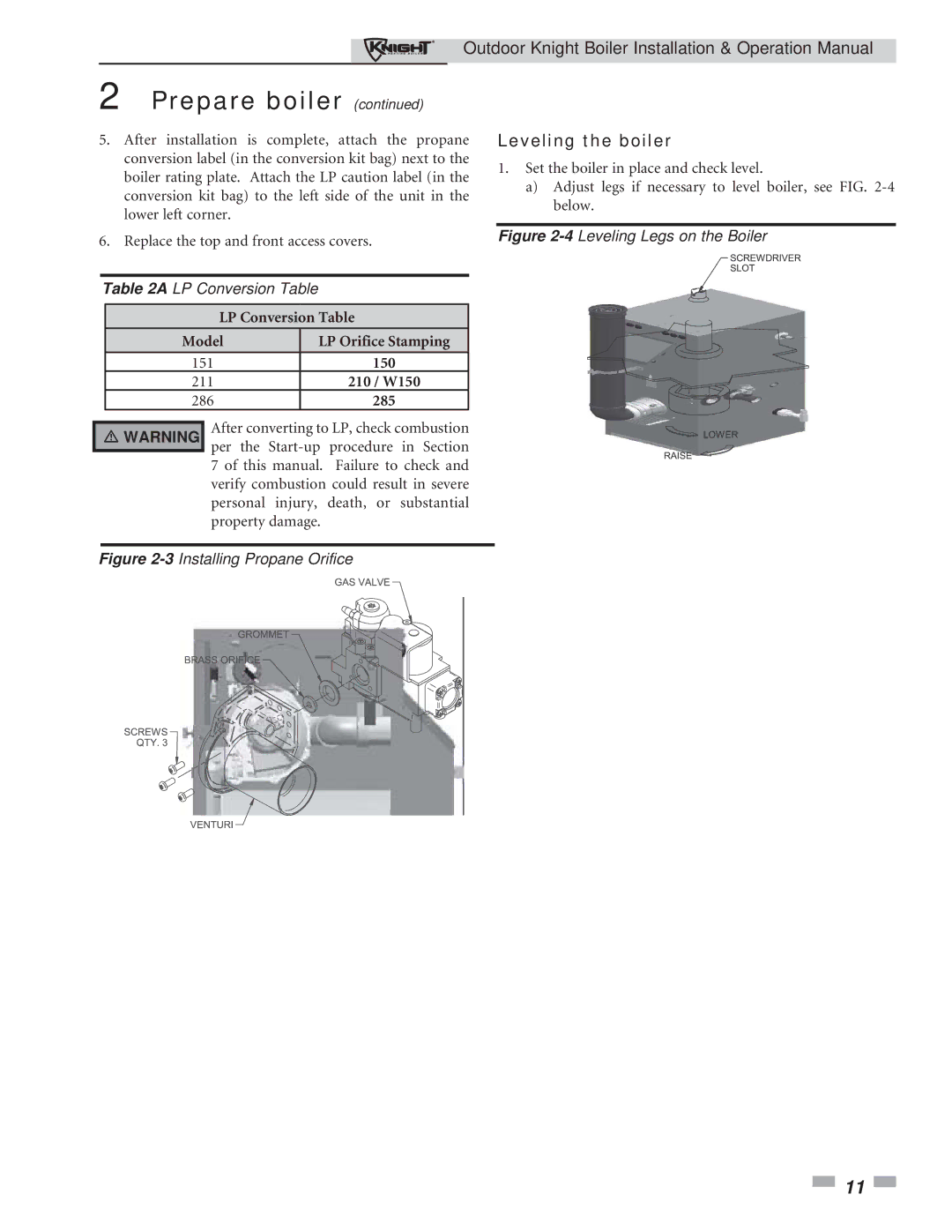 Lochinvar 151-286 operation manual Leveling the boiler 