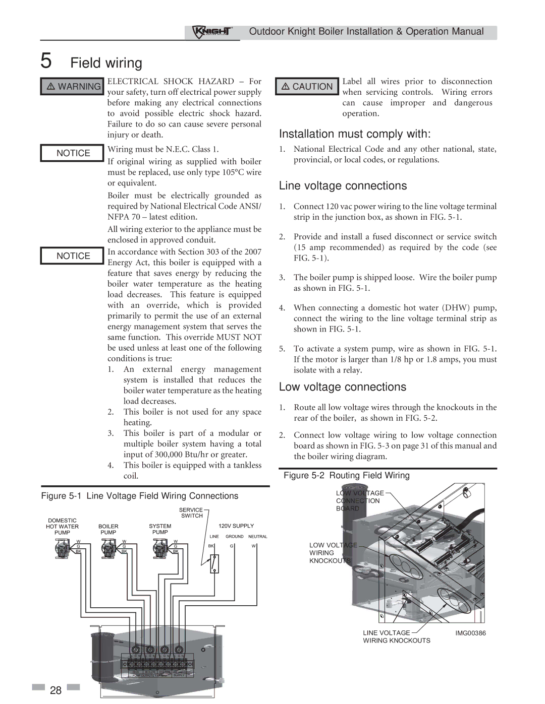 Lochinvar 151-286 Field wiring, Installation must comply with, Line voltage connections, Low voltage connections 