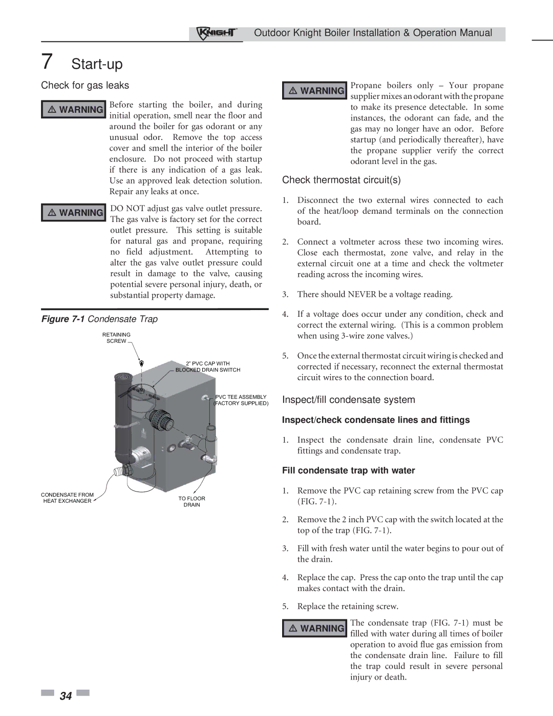 Lochinvar 151-286 operation manual Check for gas leaks, Check thermostat circuits, Inspect/fill condensate system 