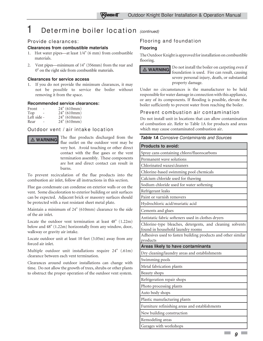 Lochinvar 151-286 operation manual Provide clearances, Outdoor vent / air intake location Flooring and foundation 