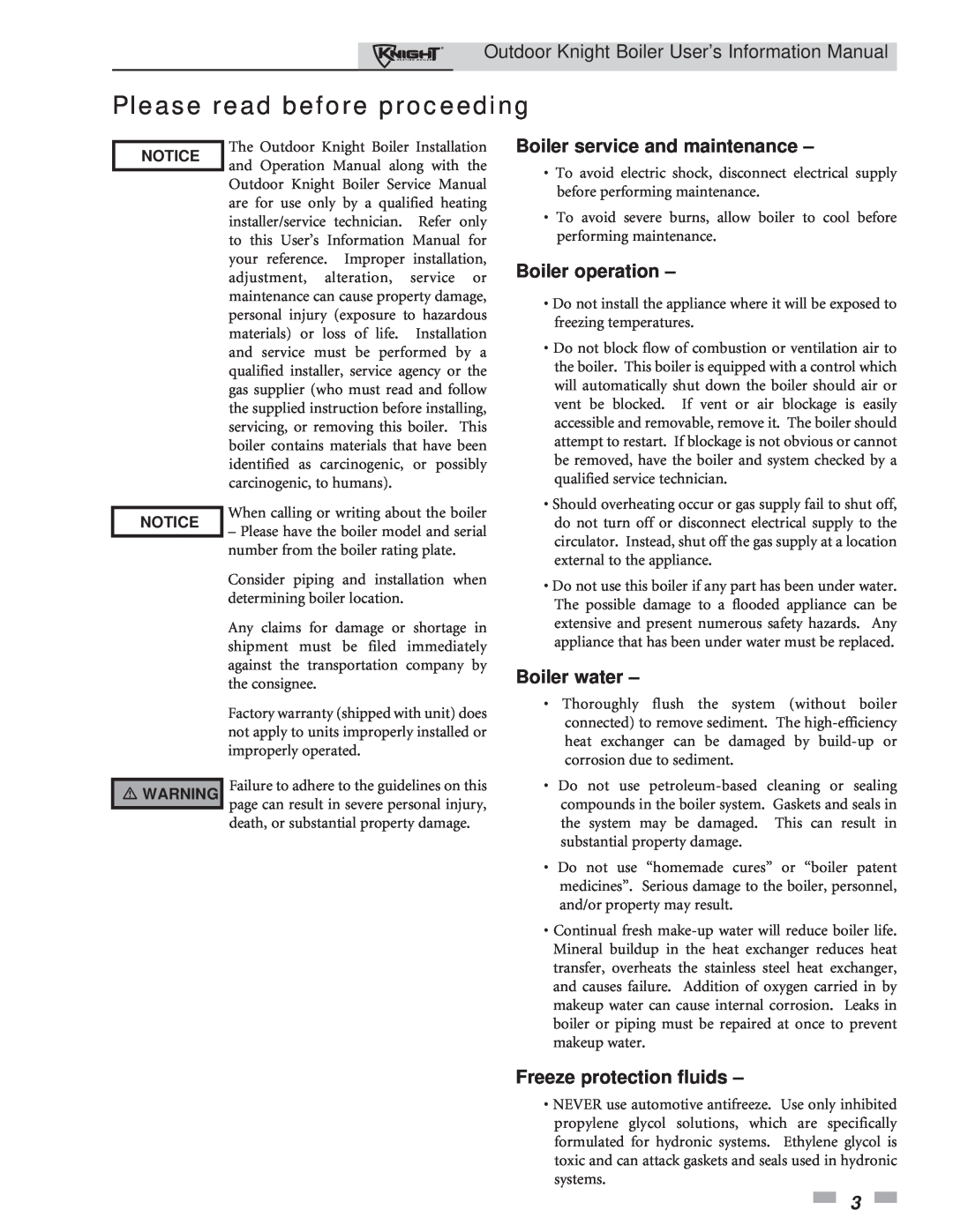 Lochinvar 286, 151 manual Please read before proceeding, Outdoor Knight Boiler User’s Information Manual, Boiler operation 