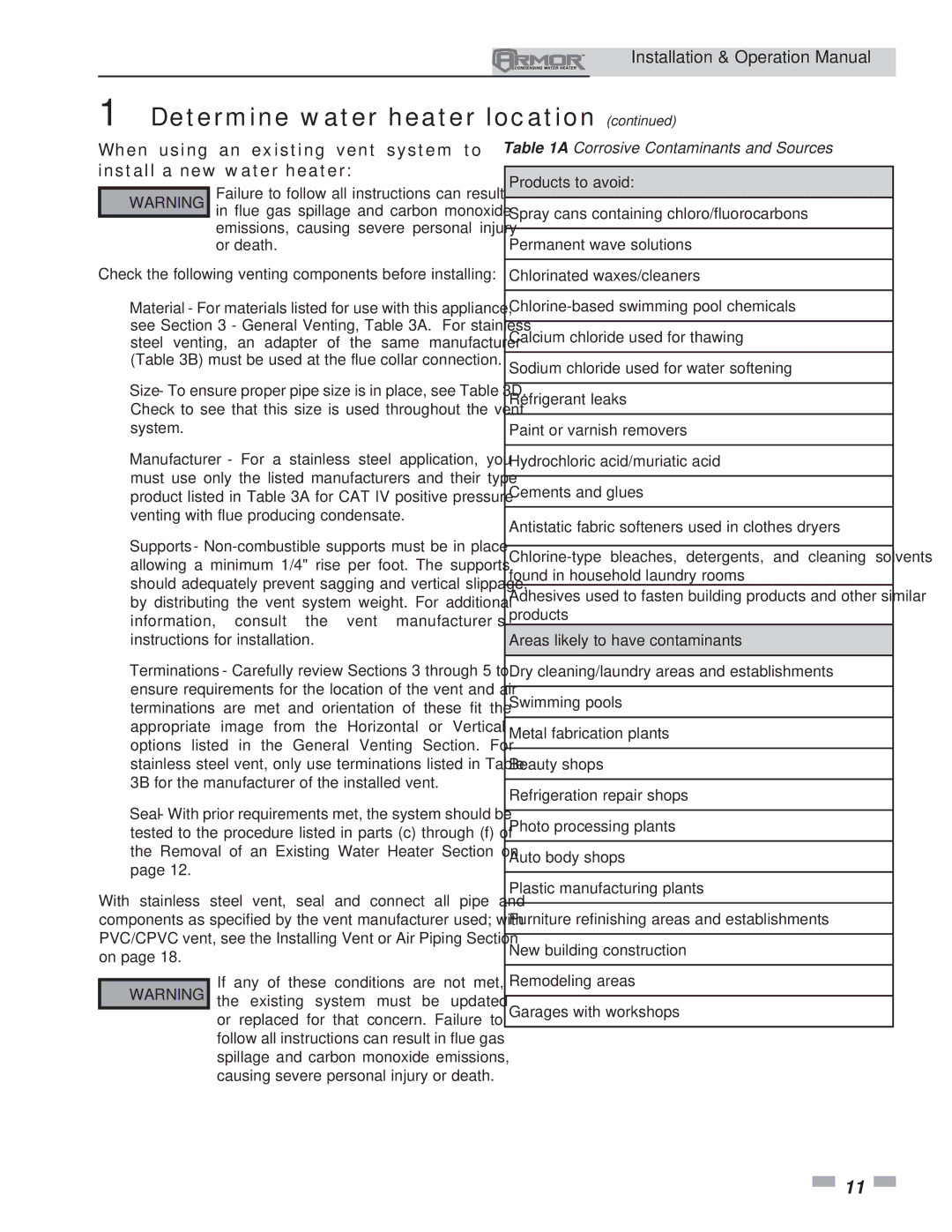 Lochinvar 151 operation manual Products to avoid, Areas likely to have contaminants 