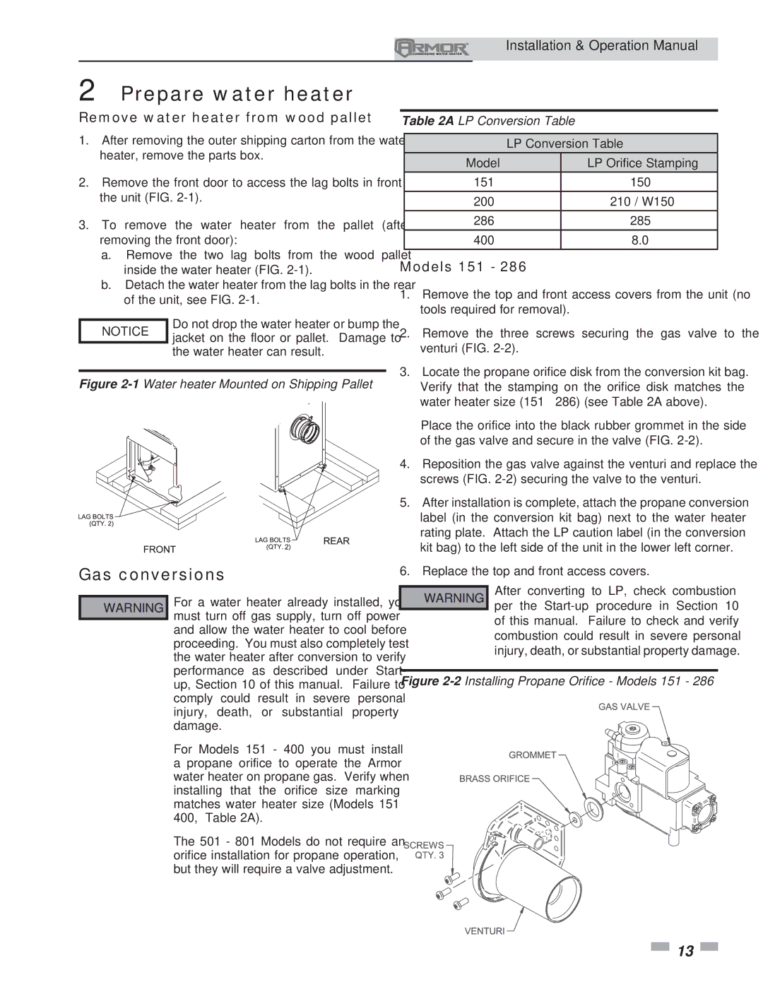 Lochinvar operation manual Prepare water heater, Gas conversions, Remove water heater from wood pallet, Models 151 