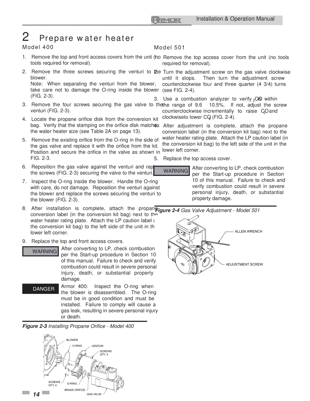 Lochinvar 151 operation manual 3Installing Propane Orifice Model 