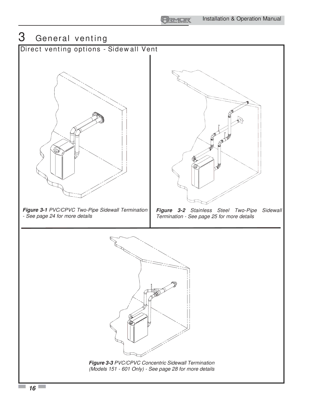 Lochinvar 151 operation manual General venting, Direct venting options Sidewall Vent 