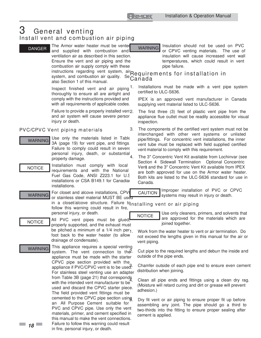 Lochinvar 151 operation manual Install vent and combustion air piping, Requirements for installation in Canada 