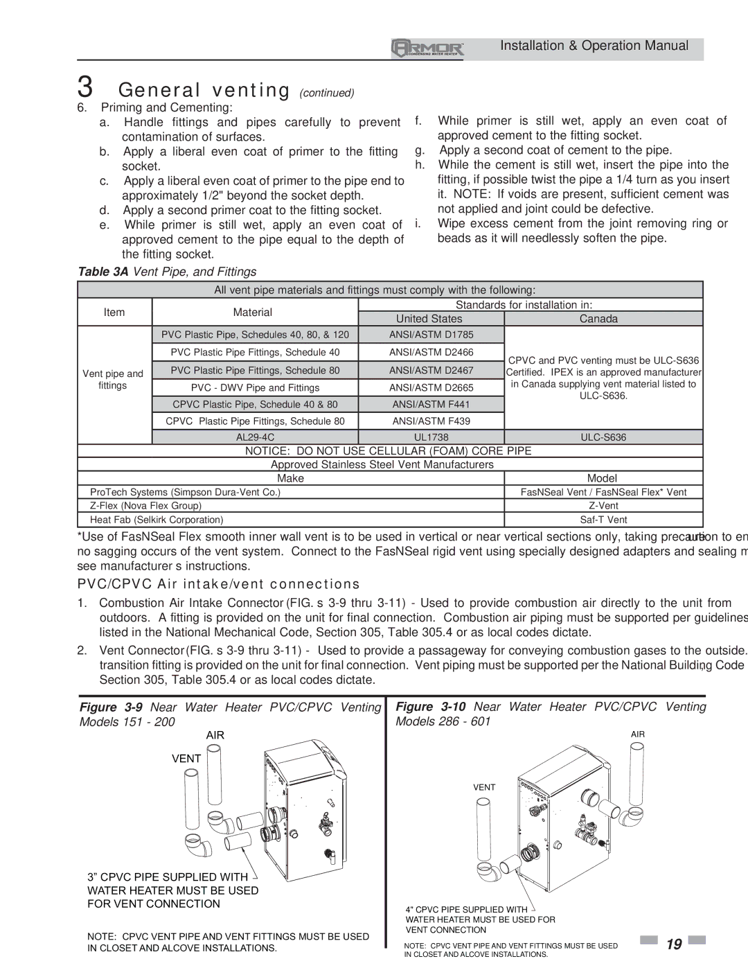 Lochinvar 151 operation manual PVC/CPVC Air intake/vent connections, Vent Pipe, and Fittings 