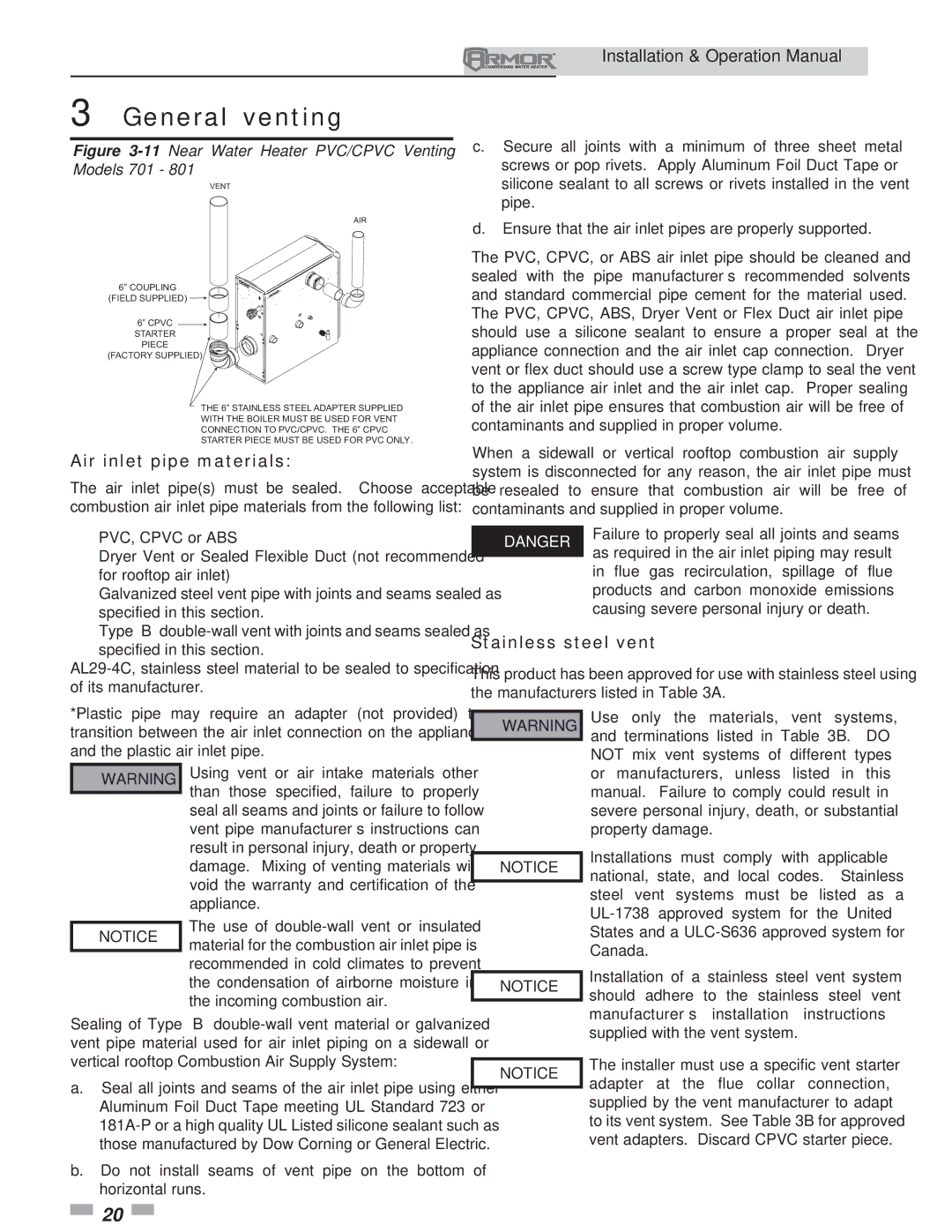 Lochinvar 151 operation manual Air inlet pipe materials, Stainless steel vent 