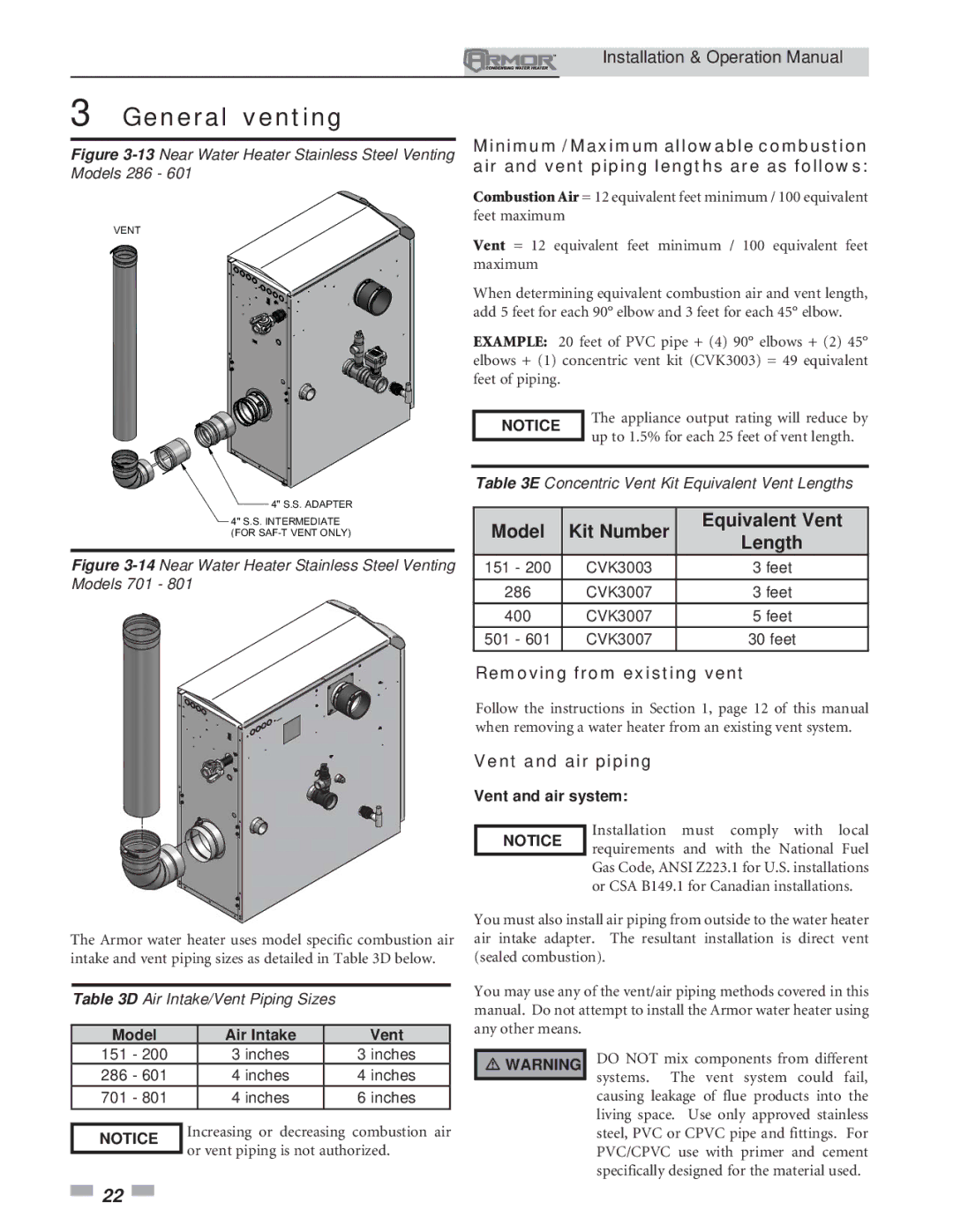 Lochinvar 151 operation manual Removing from existing vent, Model Air Intake Vent, Vent and air system 