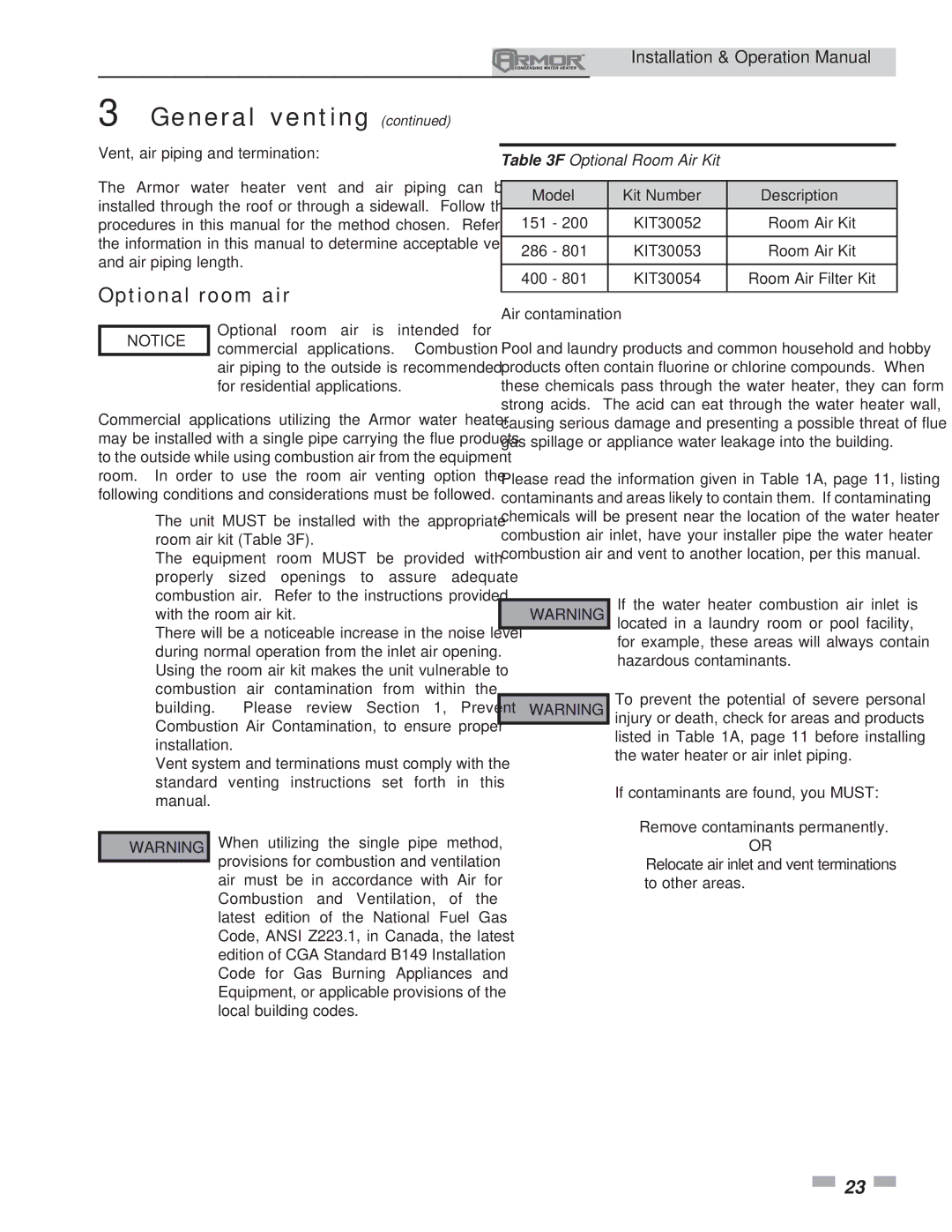 Lochinvar 151 Optional room air, Vent, air piping and termination, Model Kit Number Description, Air contamination 