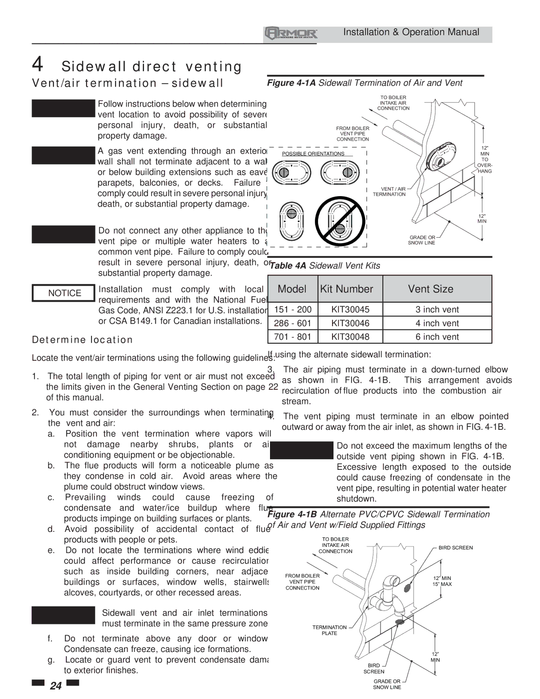 Lochinvar 151 operation manual Sidewall direct venting, Vent/air termination sidewall, Determine location 