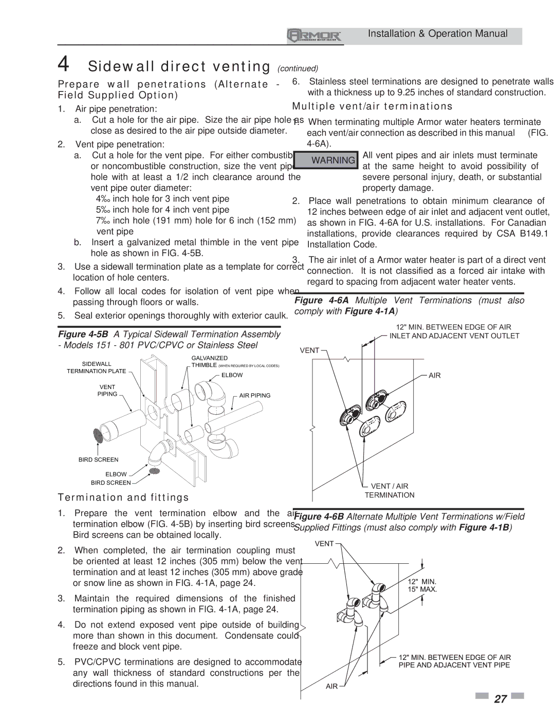 Lochinvar 151 operation manual Prepare wall penetrations Alternate Field Supplied Option, Multiple vent/air terminations 