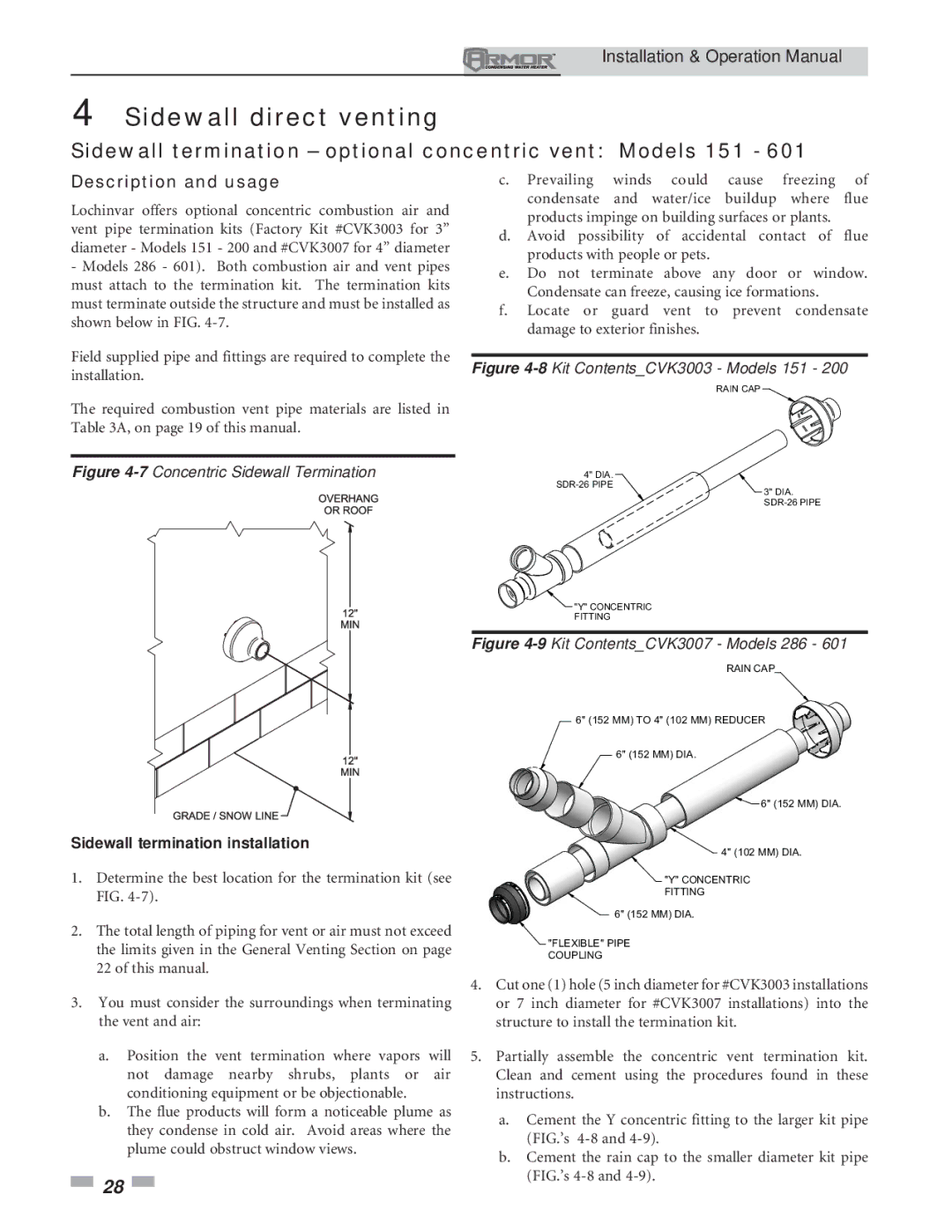 Lochinvar operation manual Sidewall termination optional concentric vent Models 151, Description and usage 