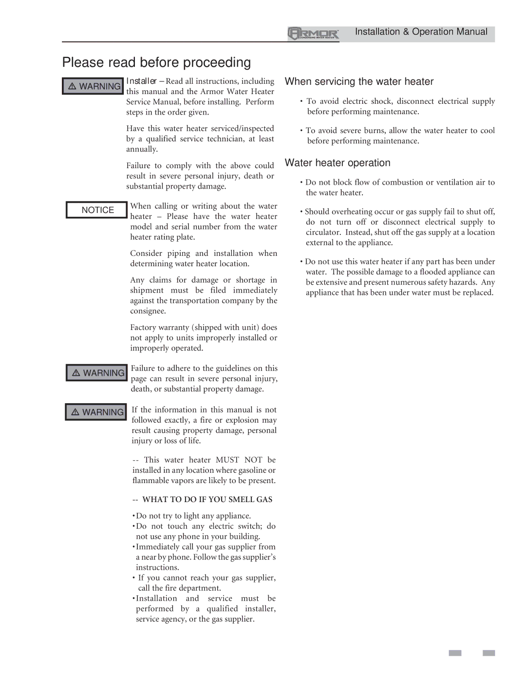 Lochinvar 151 operation manual Please read before proceeding, When servicing the water heater 