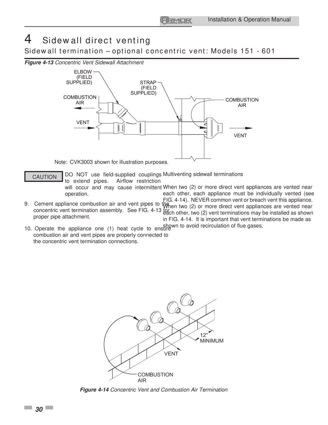 Lochinvar 151 operation manual 13Concentric Vent Sidewall Attachment, Multiventing sidewall terminations 