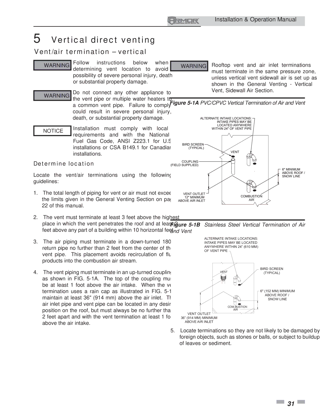 Lochinvar 151 operation manual Vertical direct venting, Vent/air termination vertical 