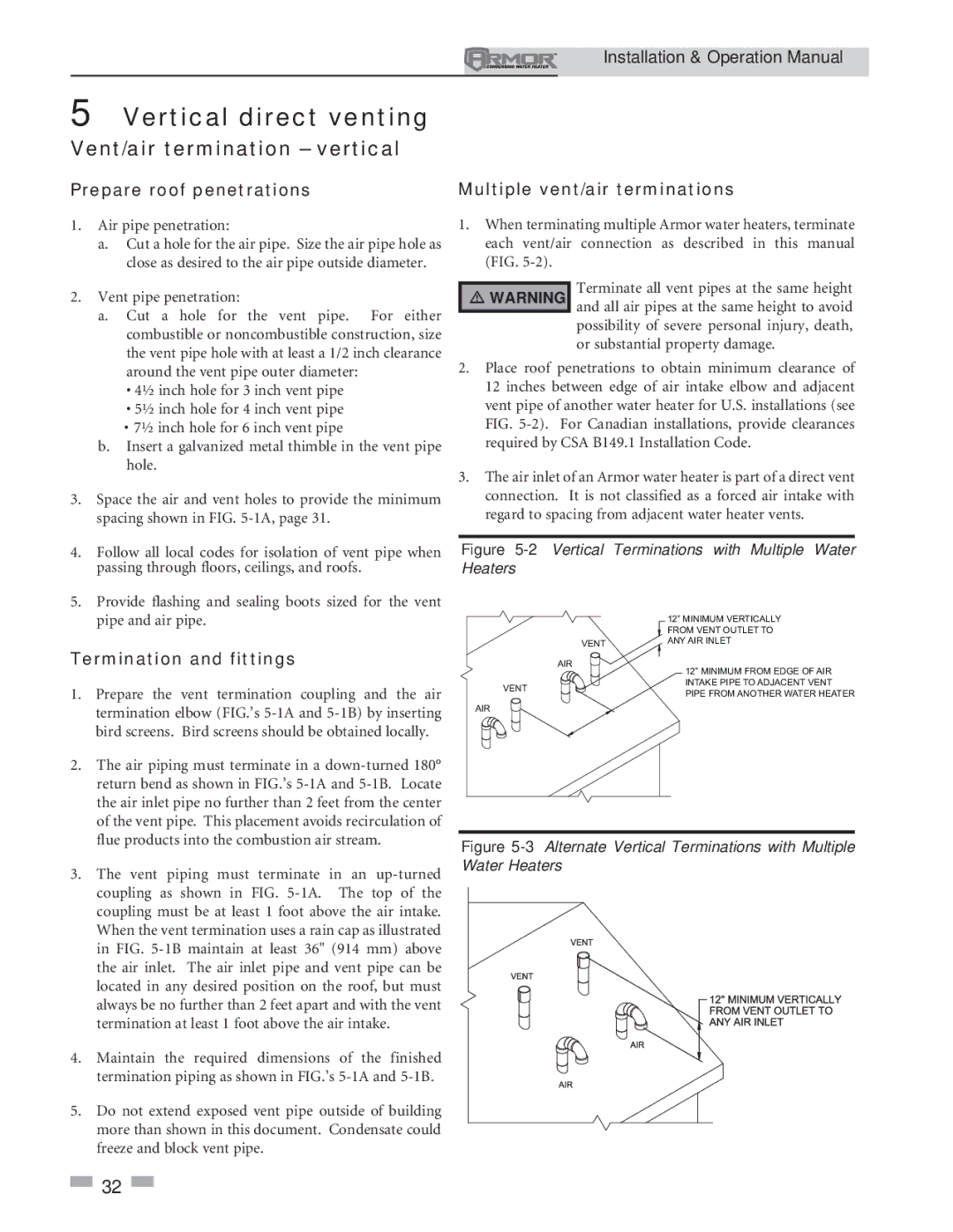 Lochinvar 151 operation manual Prepare roof penetrations, Multiple vent/air terminations 