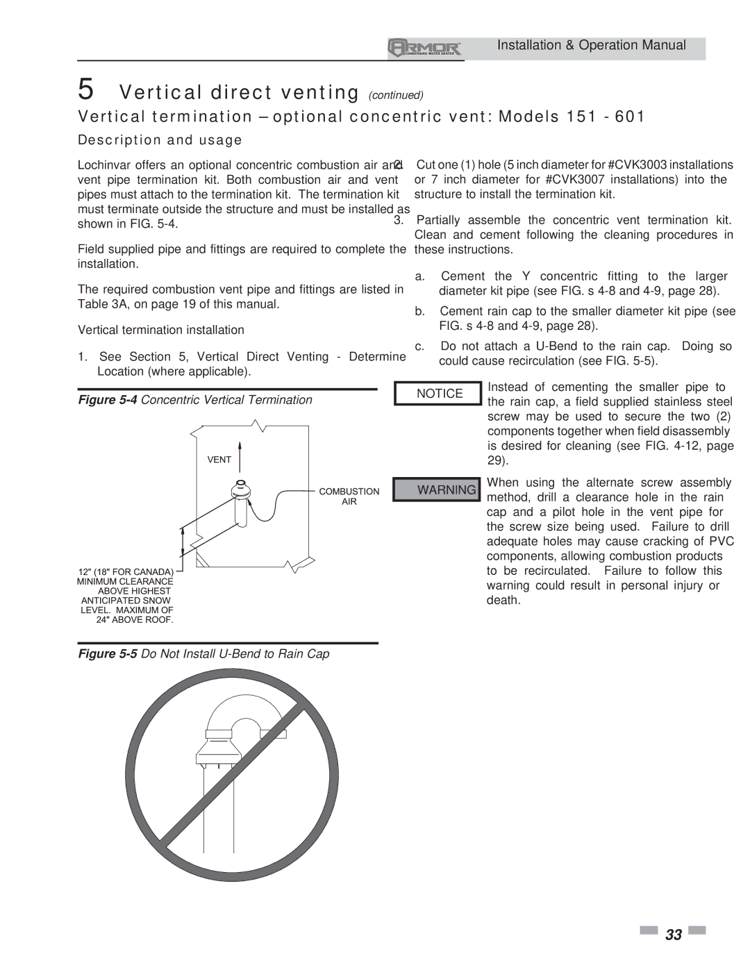 Lochinvar operation manual Vertical termination optional concentric vent Models 151, Vertical termination installation 