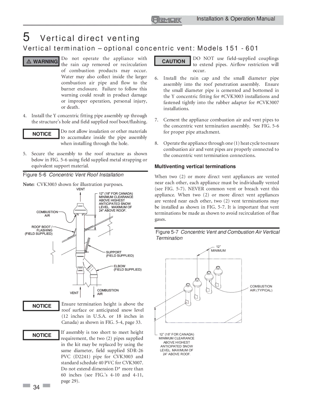 Lochinvar 151 operation manual Multiventing vertical terminations, Minimum Combustion AIR Typical 