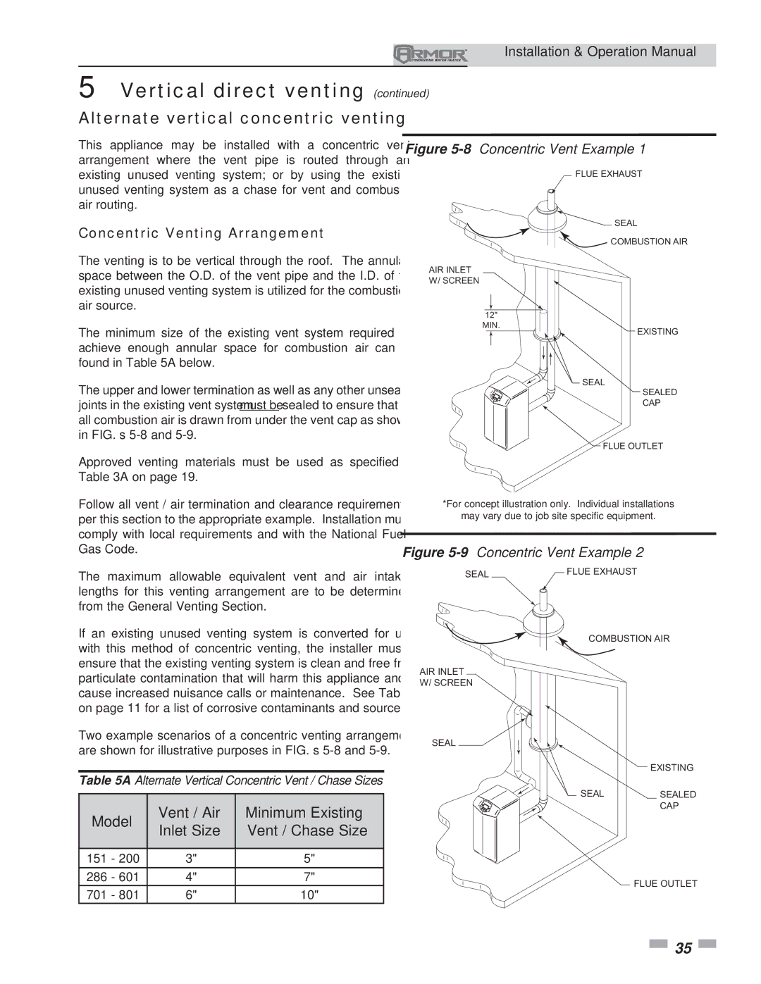 Lochinvar 151 operation manual Alternate vertical concentric venting, Concentric Venting Arrangement 