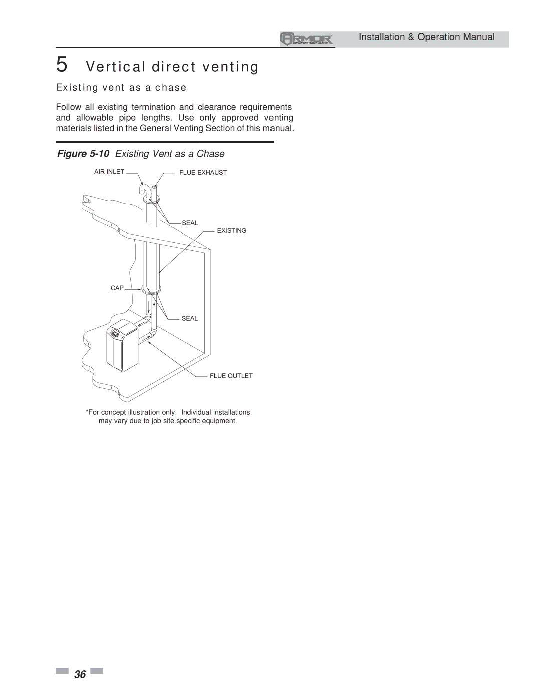 Lochinvar 151 operation manual Existing vent as a chase, 10Existing Vent as a Chase 