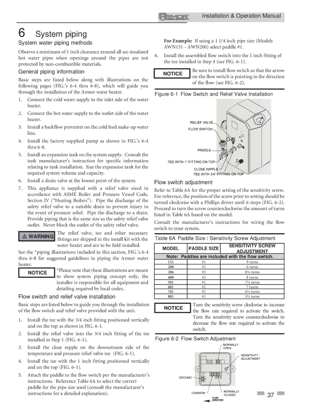 Lochinvar 151 System piping, System water piping methods, General piping information, Flow switch adjustment 