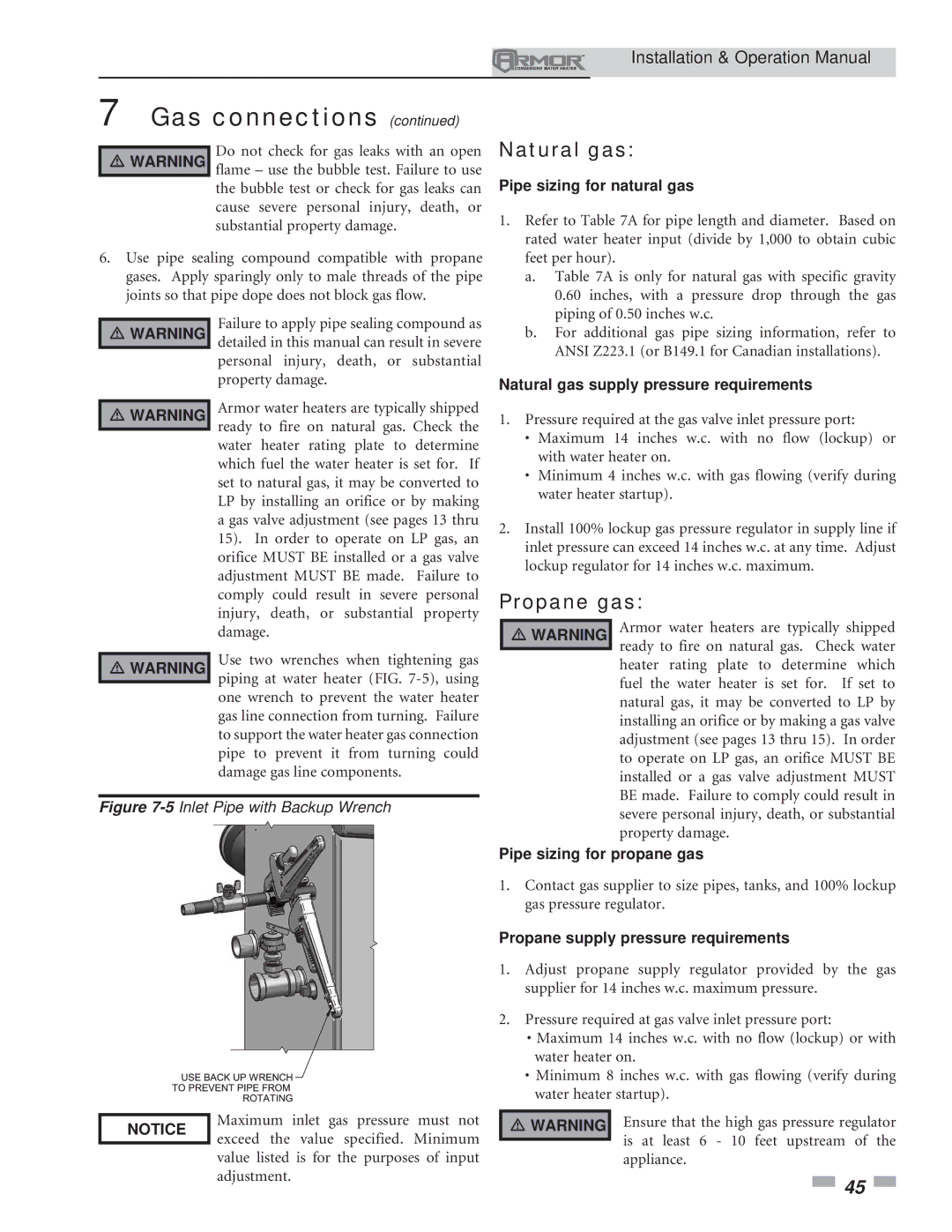 Lochinvar 151 operation manual Natural gas, Propane gas 