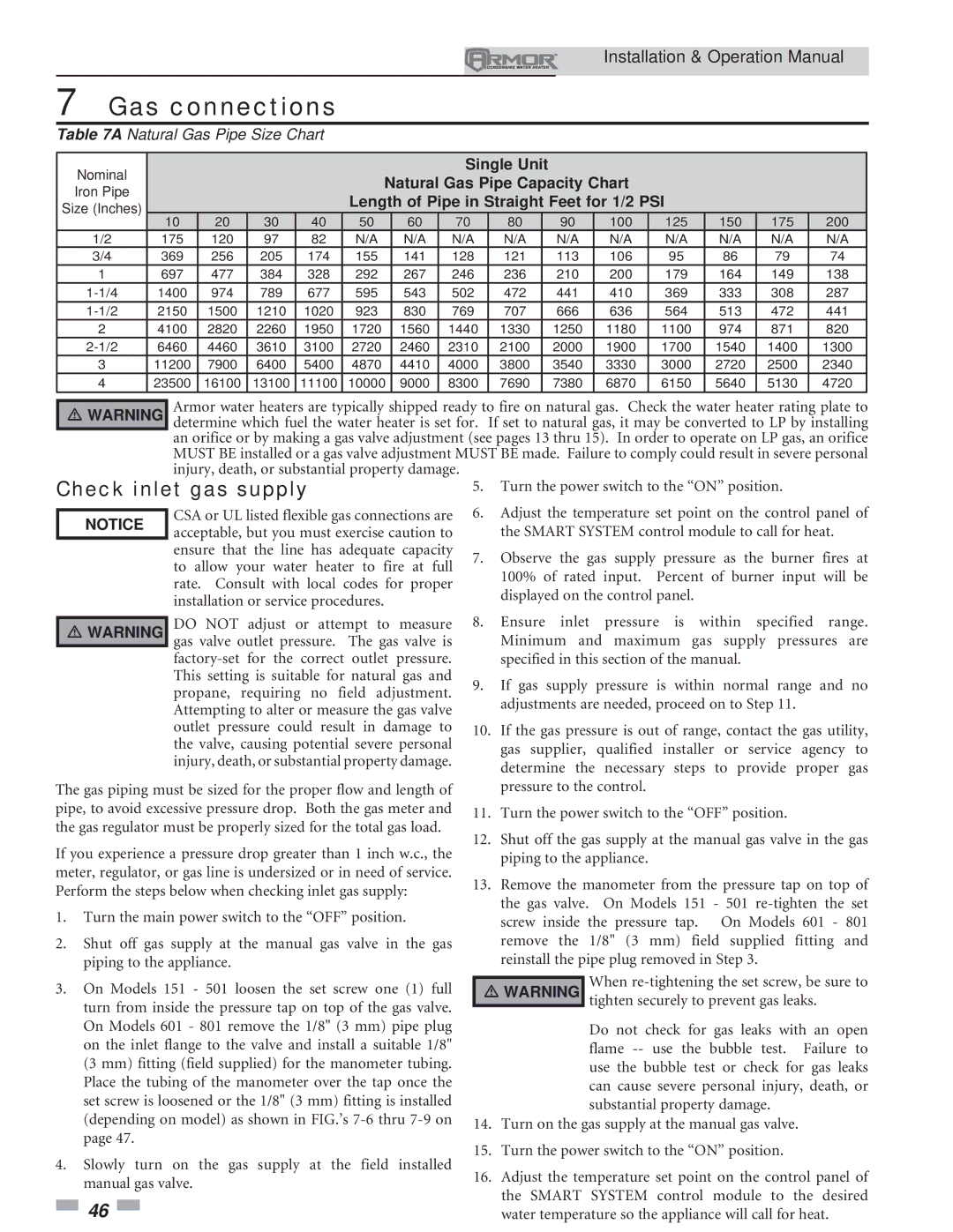 Lochinvar 151 operation manual Check inlet gas supply, Single Unit Natural Gas Pipe Capacity Chart 