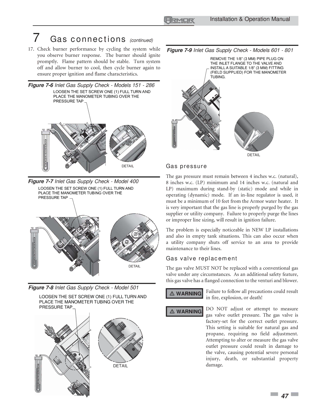 Lochinvar 151 operation manual Gas pressure, Gas valve replacement 