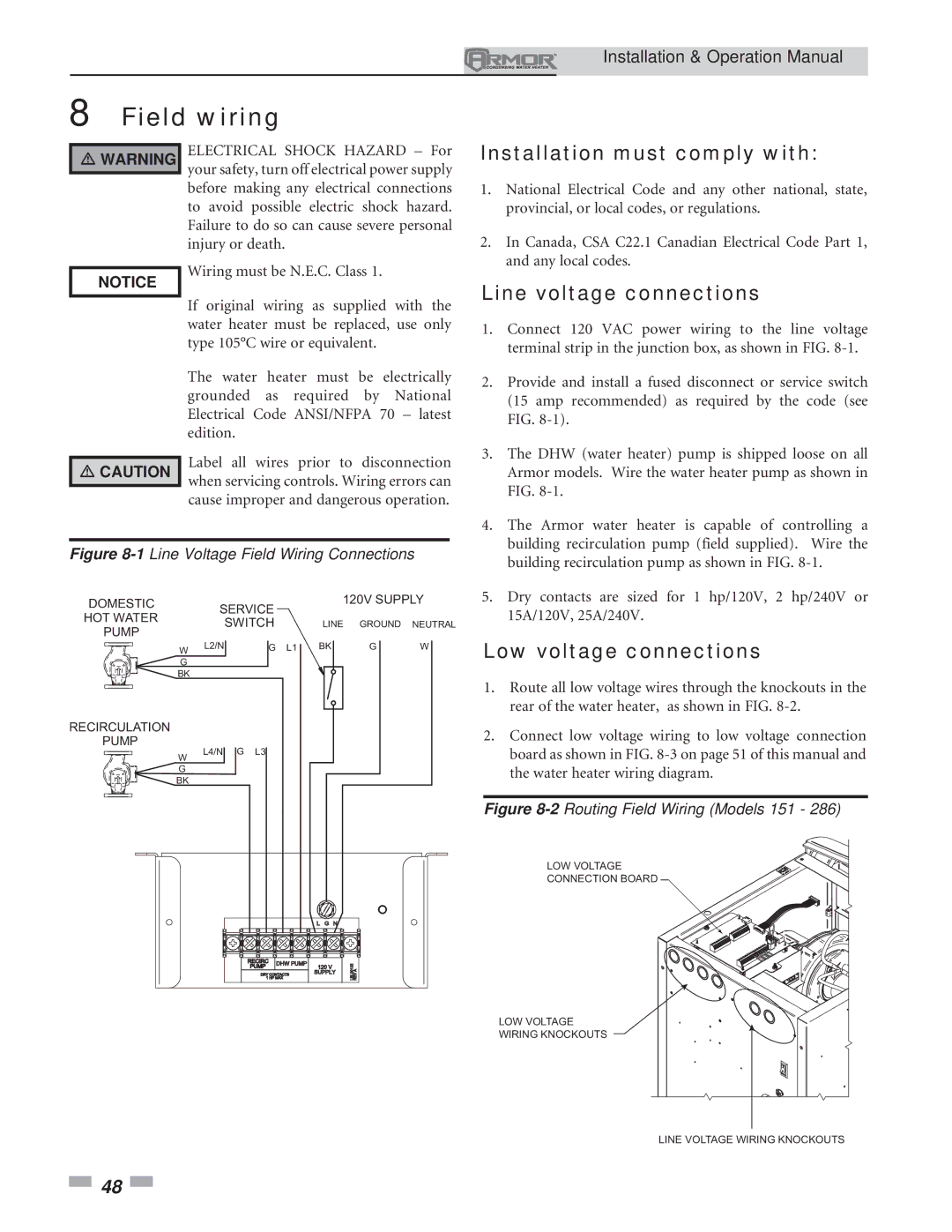 Lochinvar 151 Field wiring, Installation must comply with, Line voltage connections, Low voltage connections 