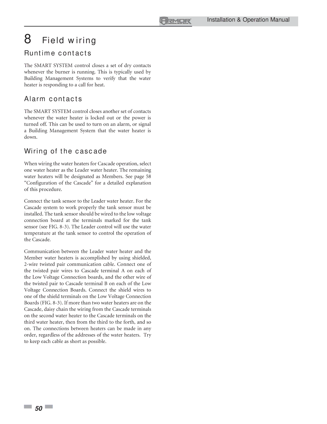 Lochinvar 151 operation manual Runtime contacts, Alarm contacts, Wiring of the cascade 