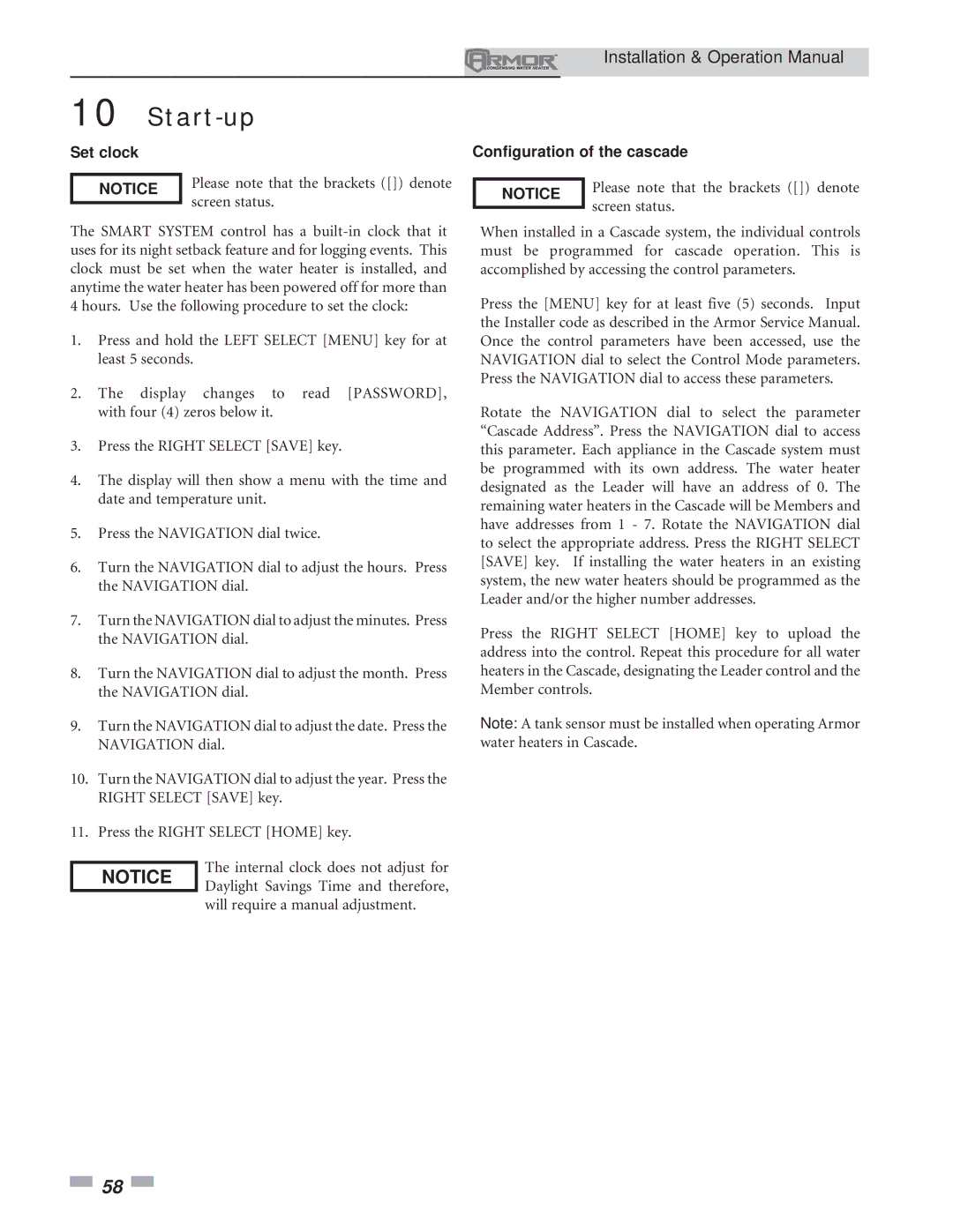 Lochinvar 151 operation manual Set clock, Configuration of the cascade 