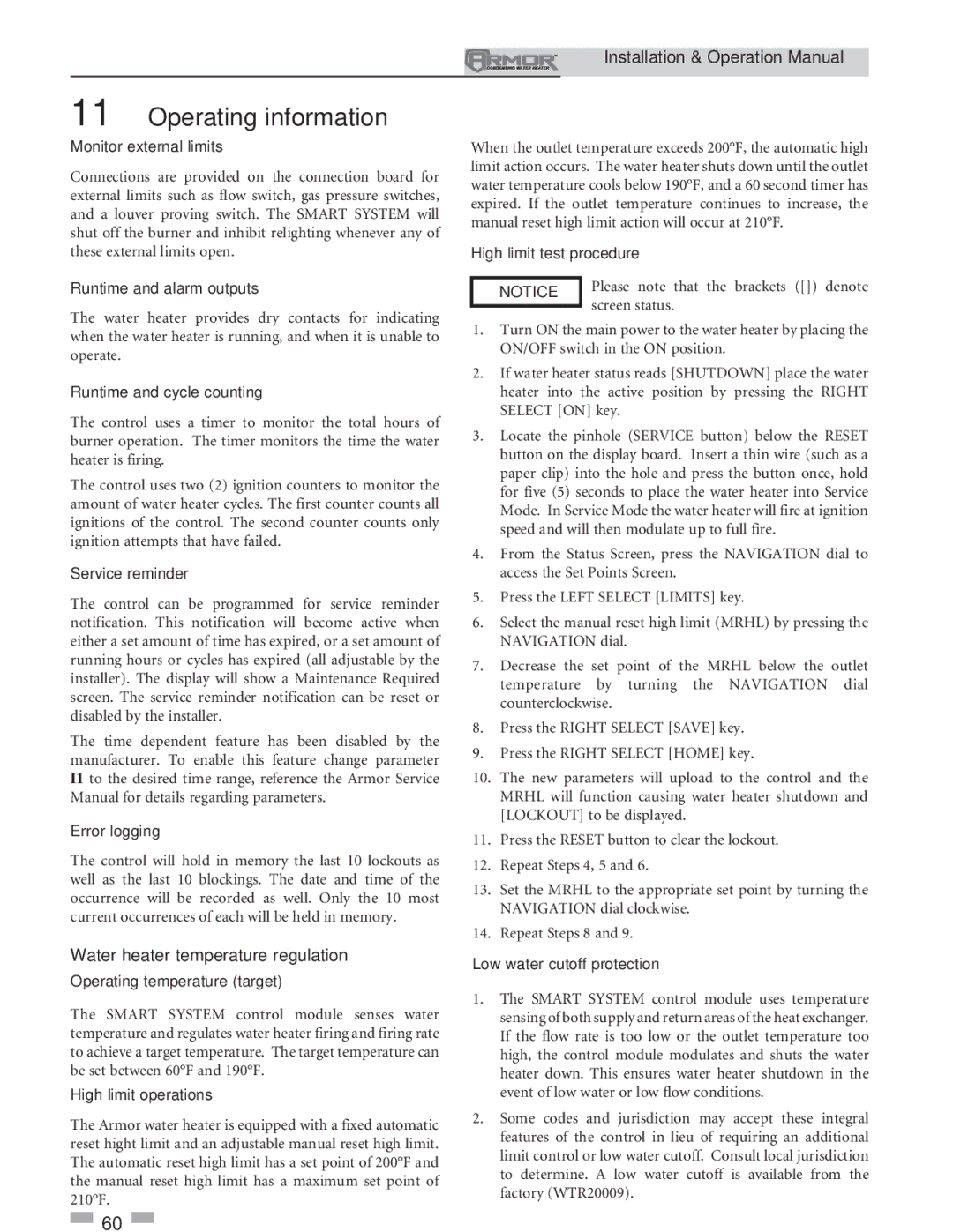 Lochinvar 151 operation manual Water heater temperature regulation 