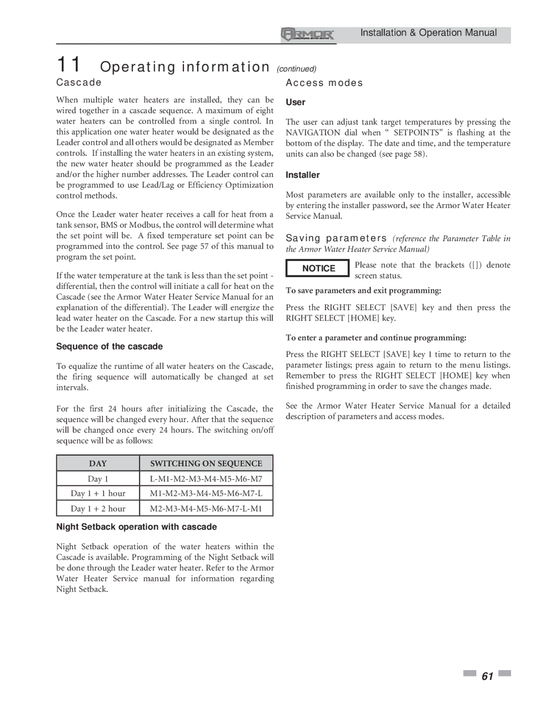 Lochinvar 151 operation manual Cascade, Sequence of the cascade, User, Installer, Night Setback operation with cascade 