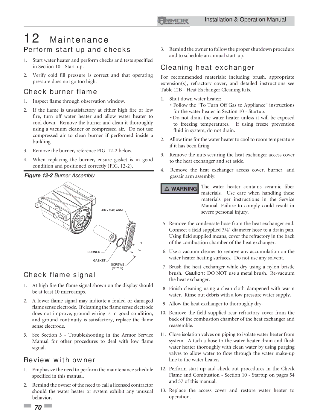 Lochinvar 151 operation manual Perform start-up and checks, Check burner flame, Check flame signal, Review with owner 