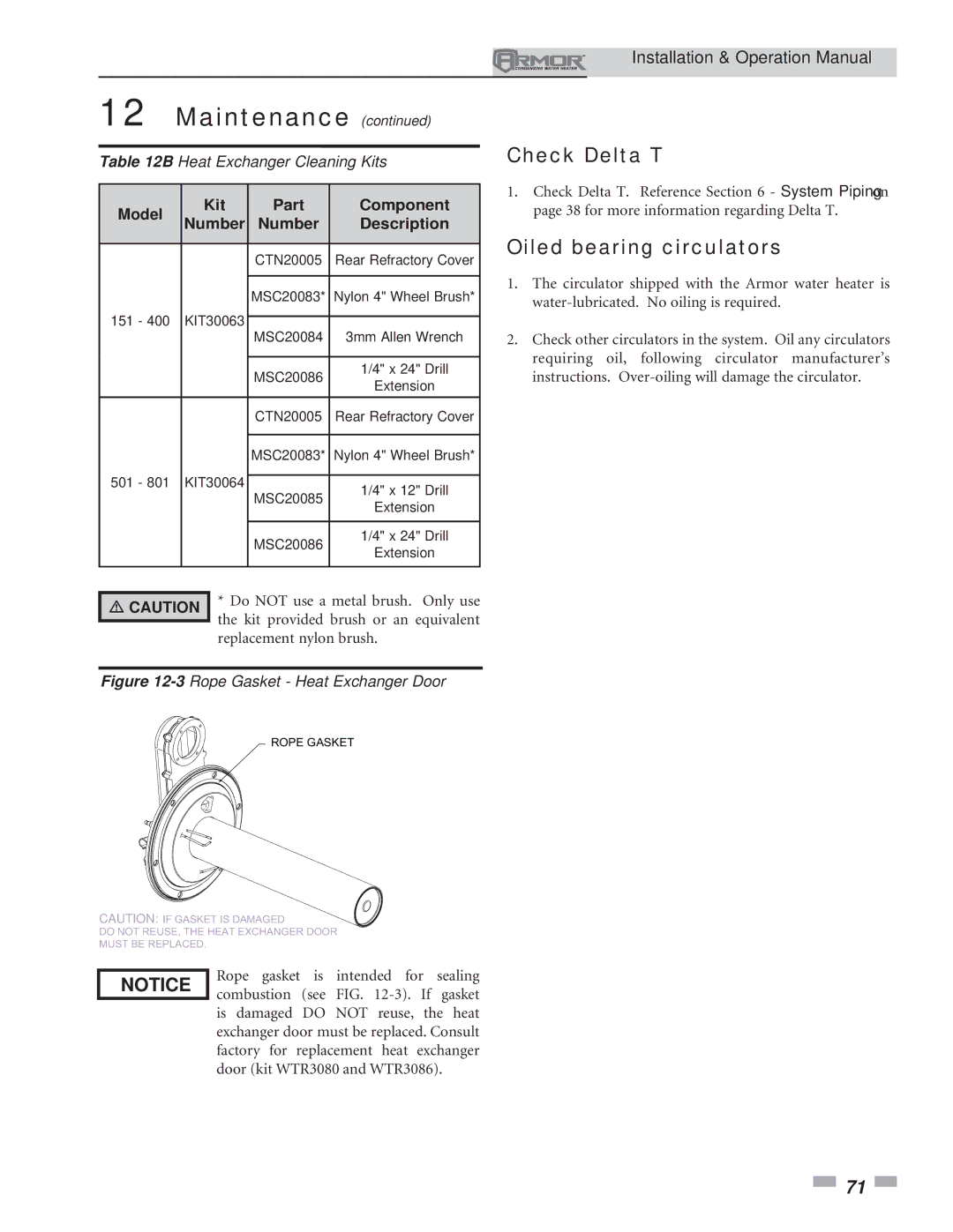 Lochinvar 151 operation manual Check Delta T, Oiled bearing circulators, Model Kit Part Component Number Description 