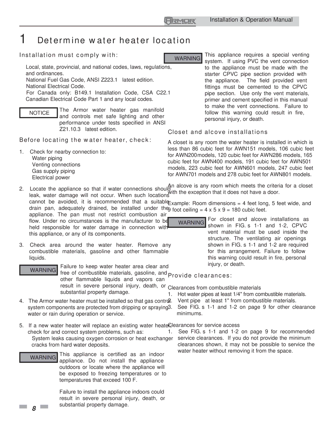 Lochinvar 151 Determine water heater location, Installation must comply with, Before locating the water heater, check 