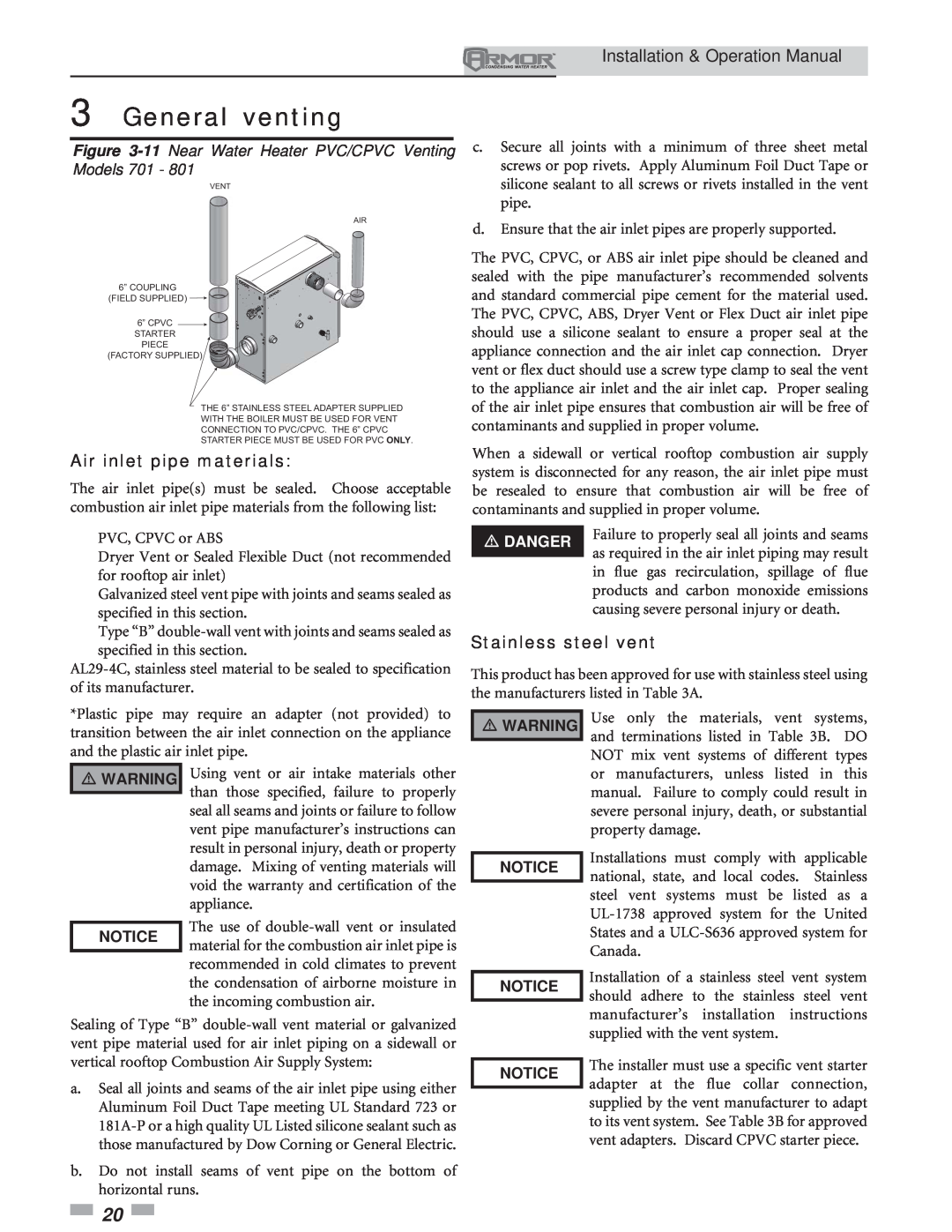 Lochinvar 151 Air inlet pipe materials, Stainless steel vent, General venting, Installation & Operation Manual, Danger 
