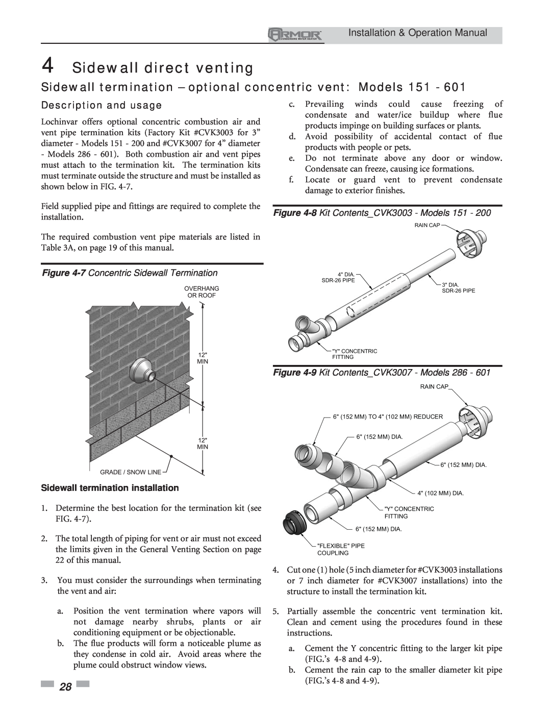 Lochinvar 151 operation manual Description and usage, 7 Concentric Sidewall Termination, Sidewall termination installation 