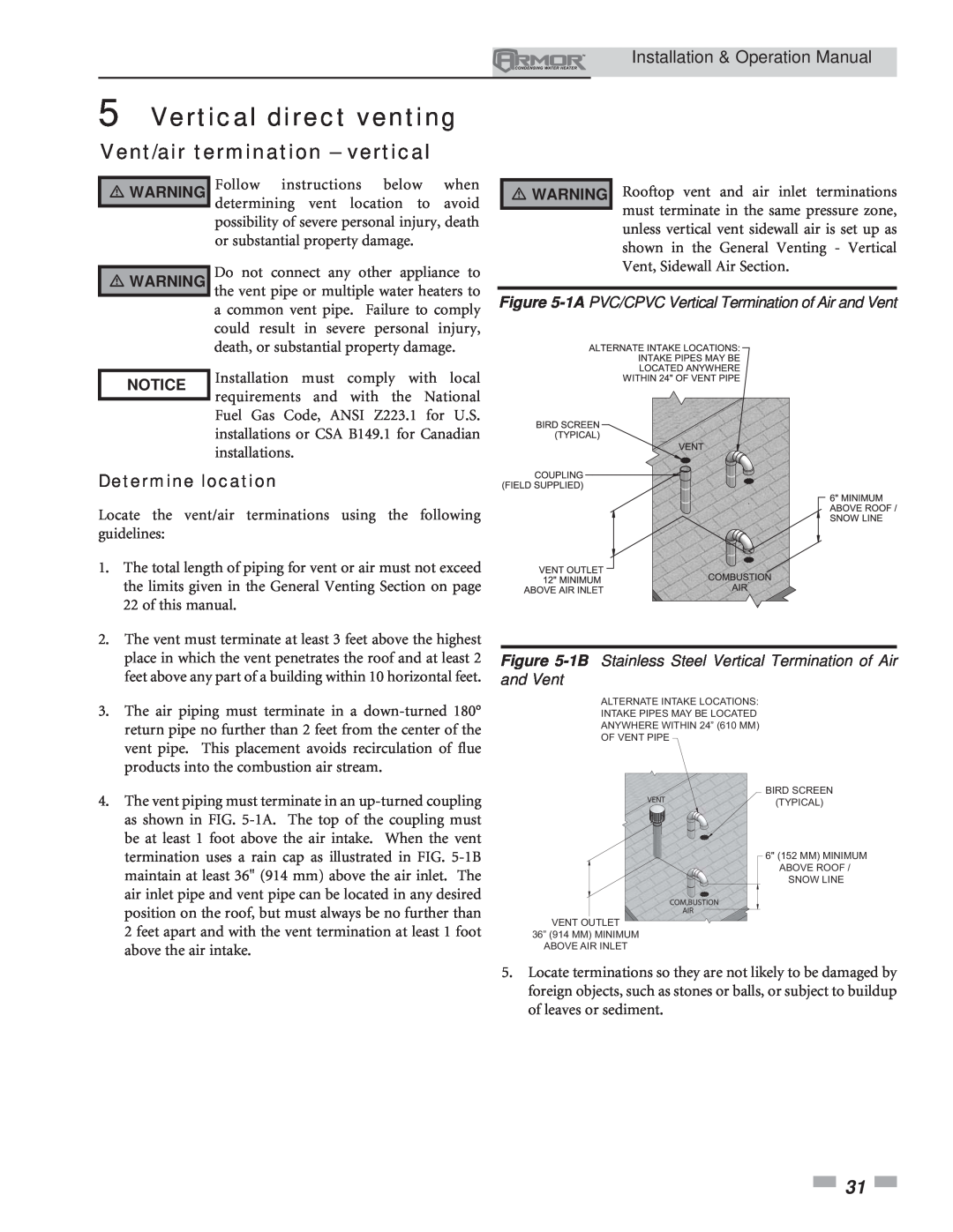 Lochinvar 151 operation manual Vertical direct venting, Vent/air termination – vertical, Determine location, Notice 