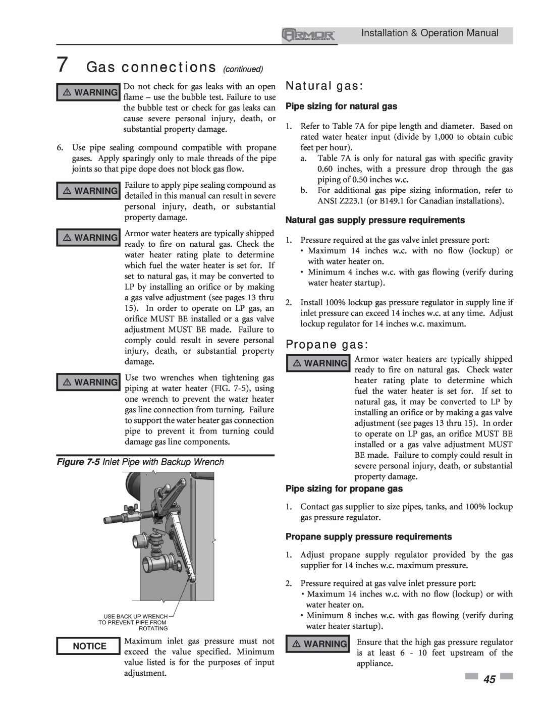 Lochinvar 151 operation manual Gas connections continued, Natural gas, Propane gas, Pipe sizing for natural gas, Notice 