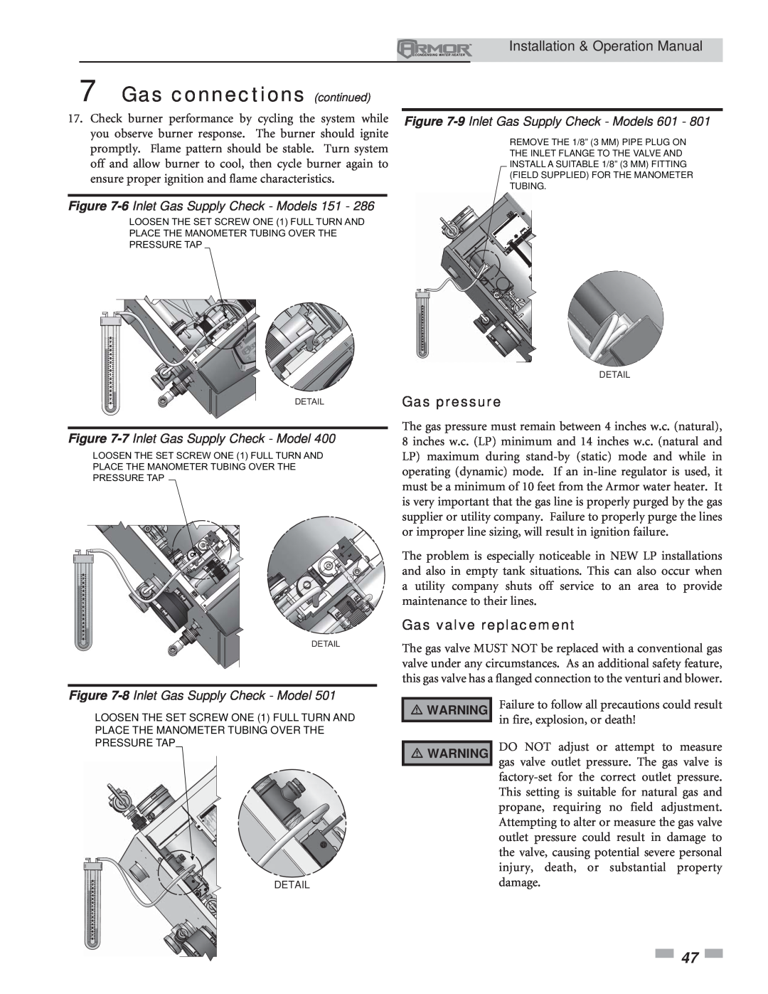 Lochinvar Gas pressure, Gas valve replacement, 6 Inlet Gas Supply Check - Models 151, 7 Inlet Gas Supply Check - Model 