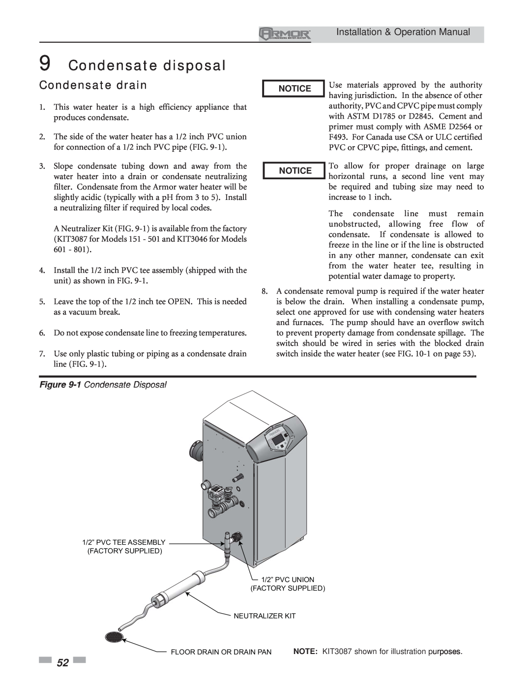 Lochinvar 151 Condensate disposal, Condensate drain, 1 Condensate Disposal, Installation & Operation Manual, Notice 