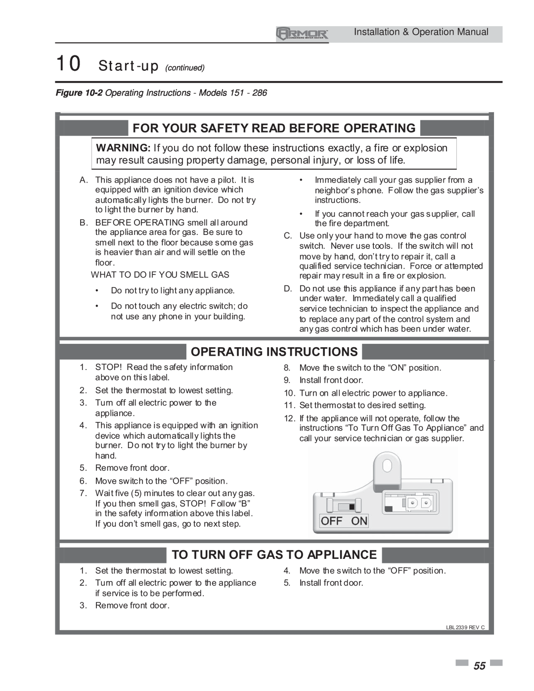 Lochinvar 151 operation manual For Your Safety Read Before Operating, Operating Instructions, To Turn Off Gas To Appliance 